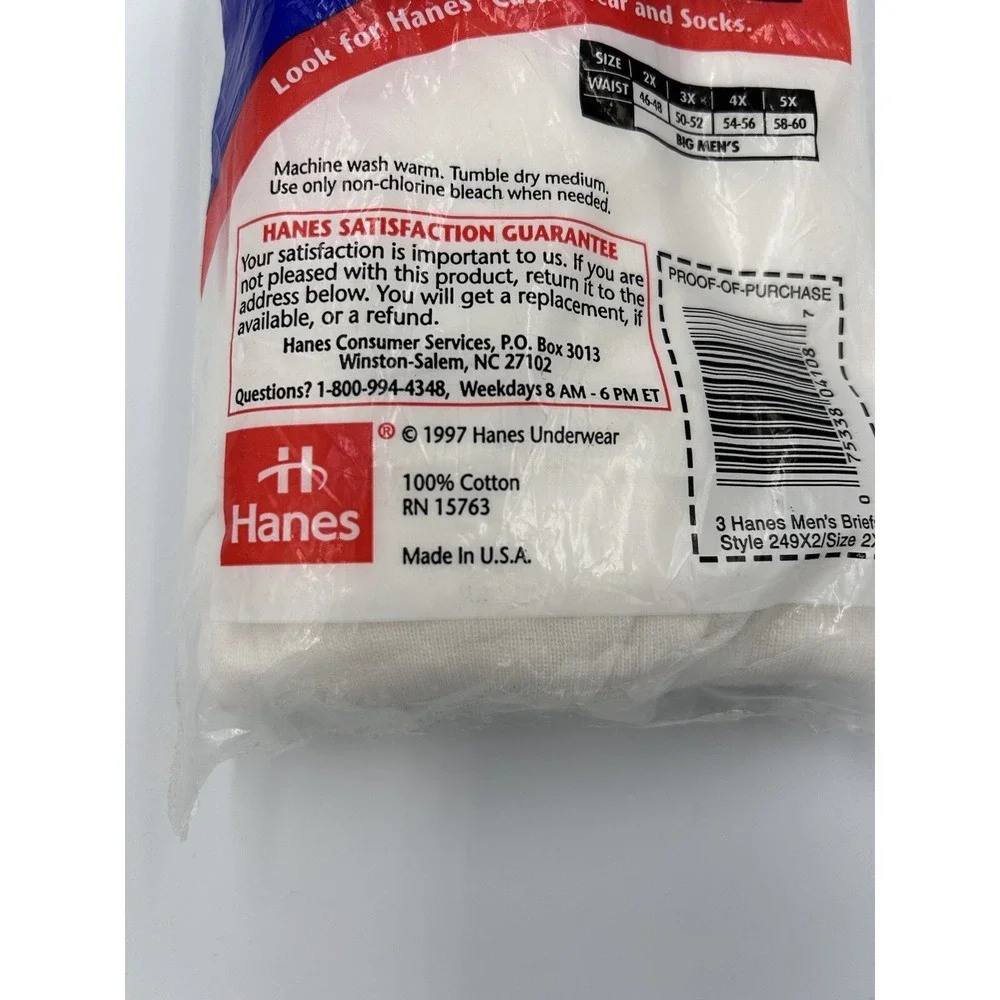 Vintage Hanes Underwear White Cotton Briefs Mens Size 2X 46-48 Made In USA 1997